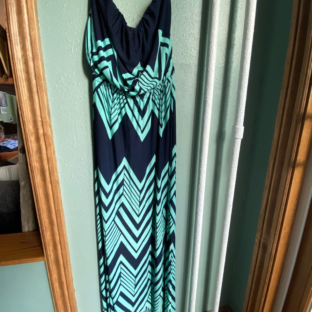 Navy and teal strapless maxi dress
